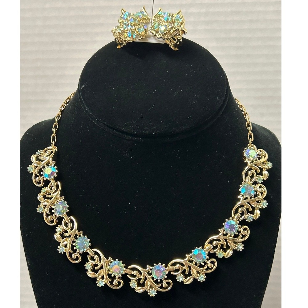 Vintage Necklace and Earrings Jewelry Lot (not set) Gold AB Rhinestone‎ Filigree